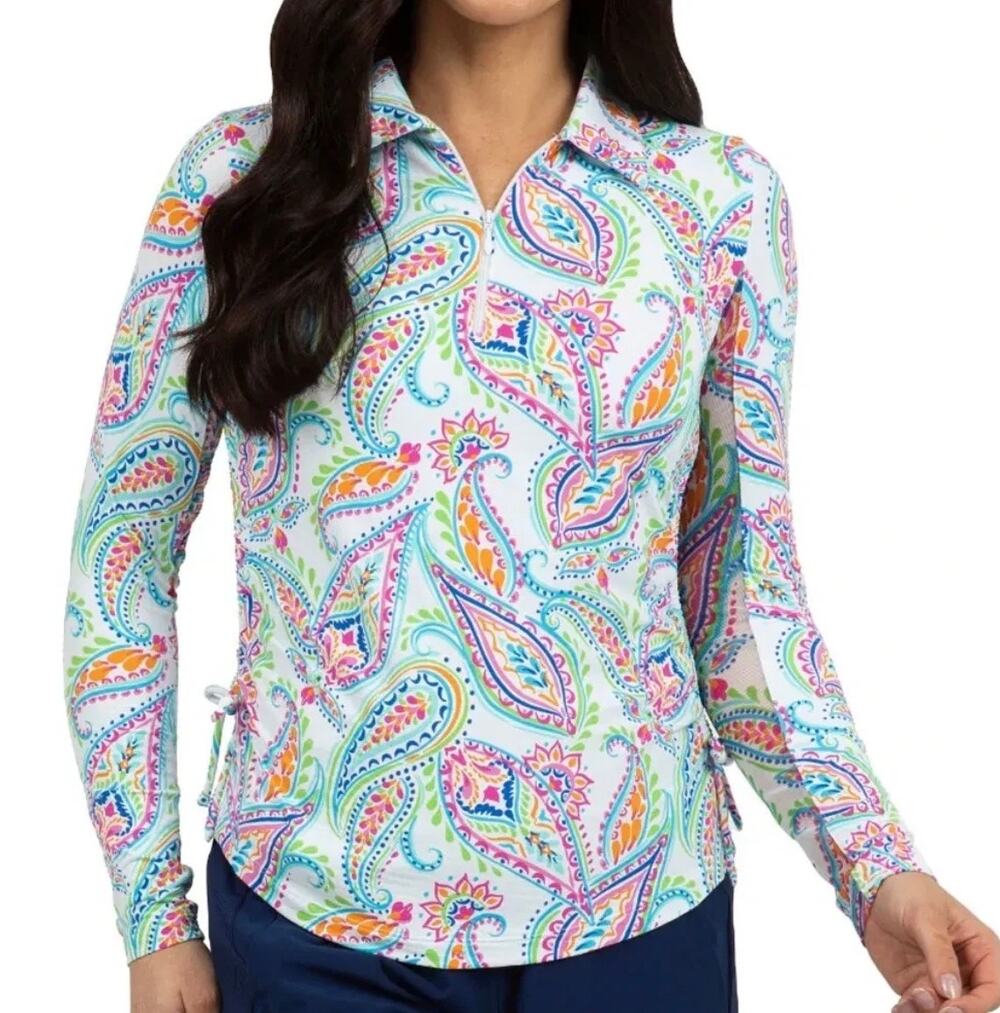 IBKUL Women's Collared 1/4 Zip Paisley Print White Pink S Golf Pickleball Resort